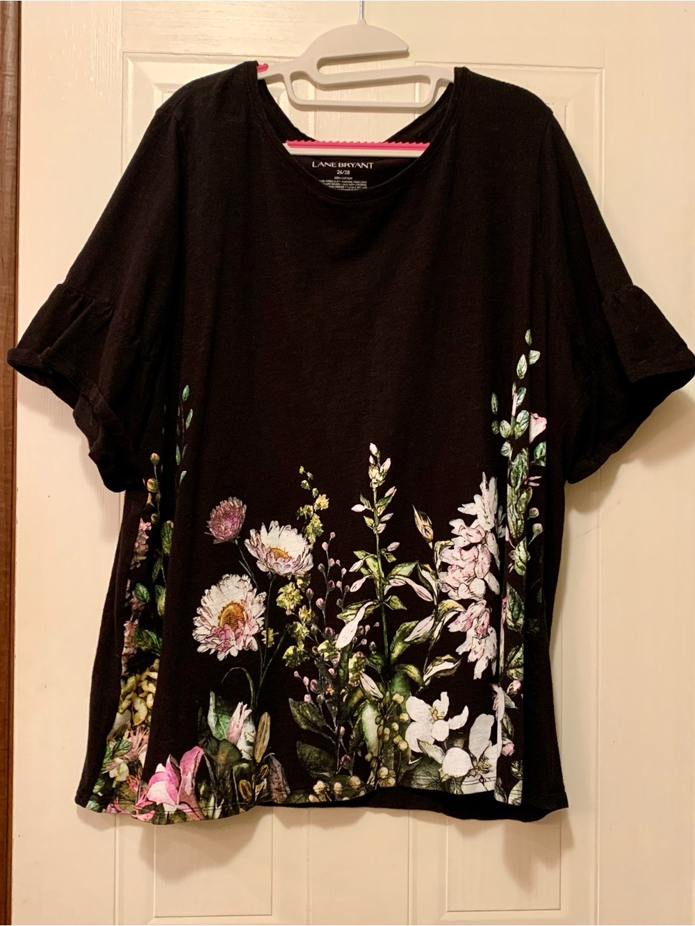 Lane Bryant Black Wildflower Floral Graphic Flutter Sleeve Tee Shirt 26/28 Plus